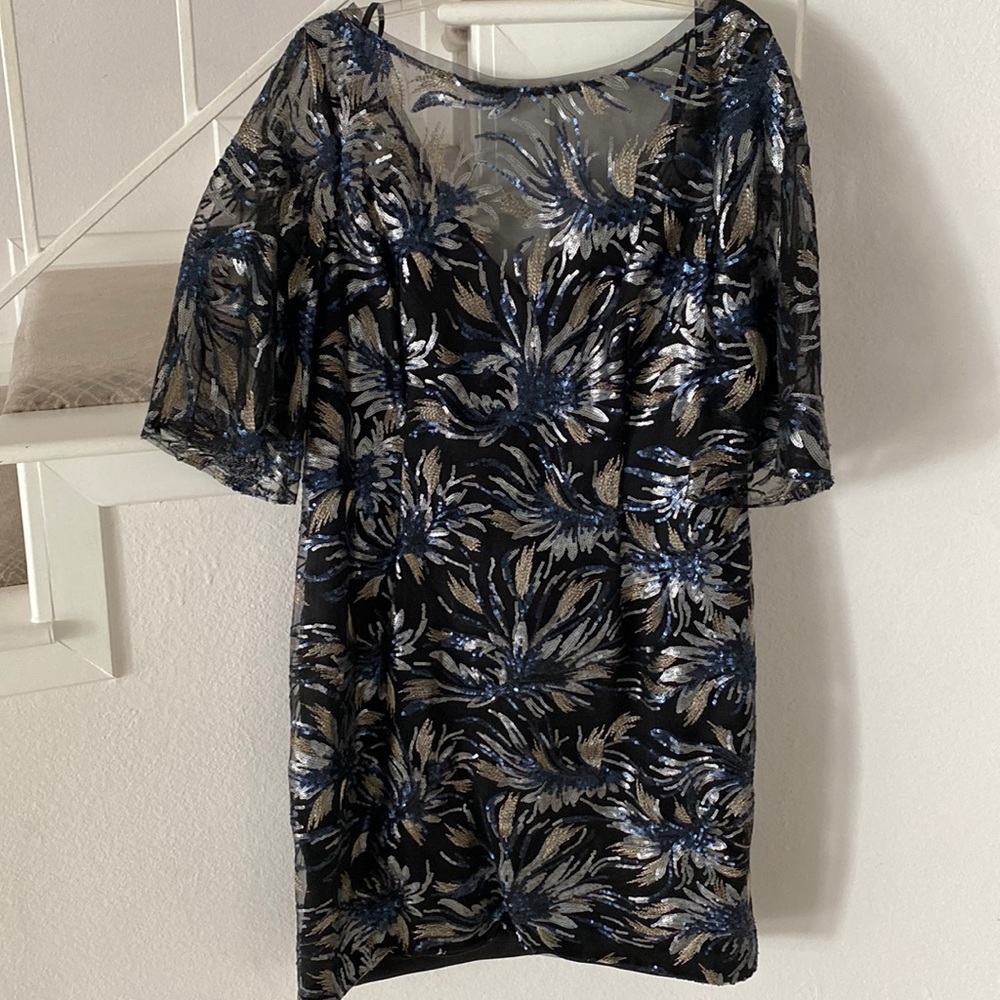 Carmen Marc Valvo Black Sequin Sheath Dress with Blue and Silver Floral Motif